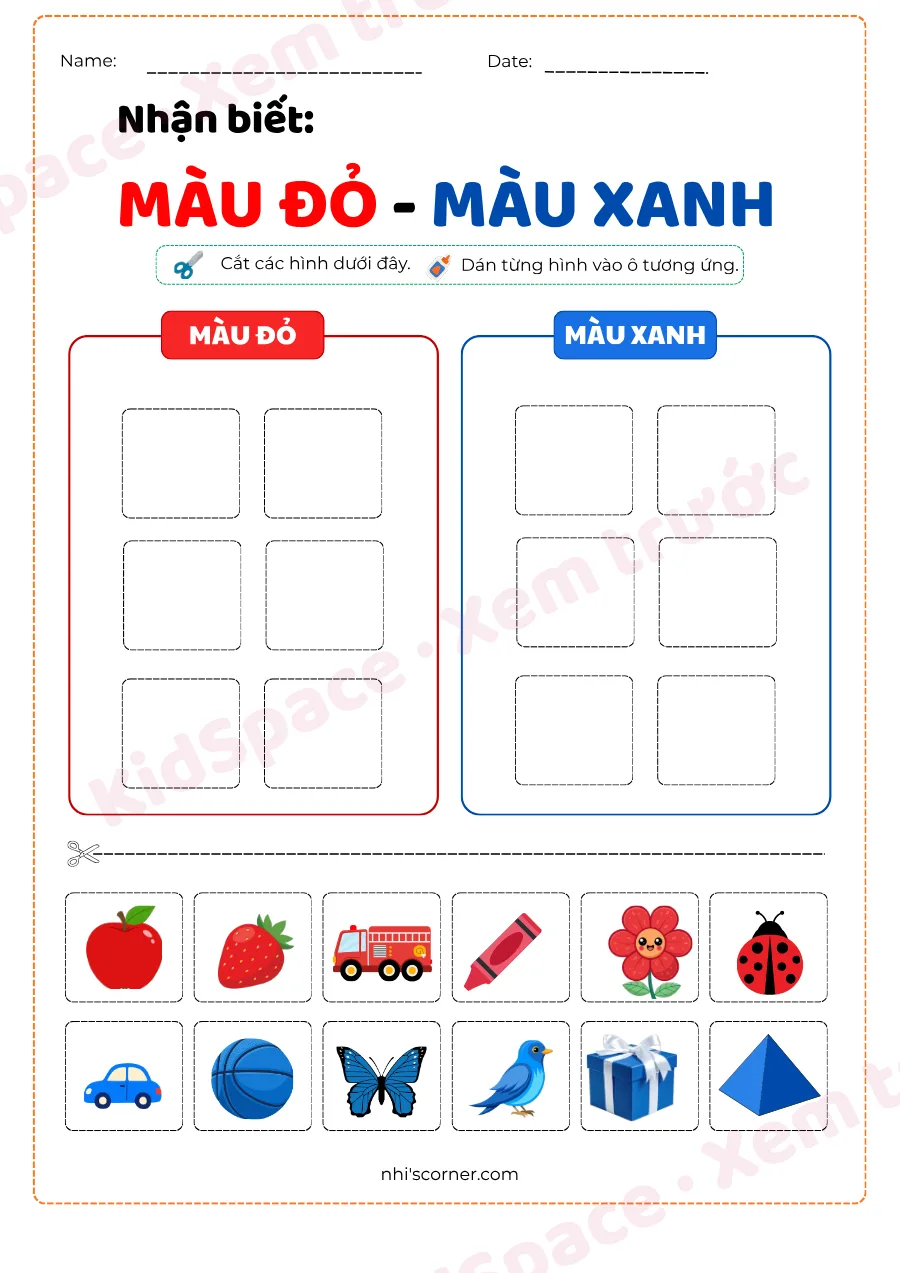 Xem trước trang 1: Nhận biết màu đỏ – màu xanh (cắt dán)