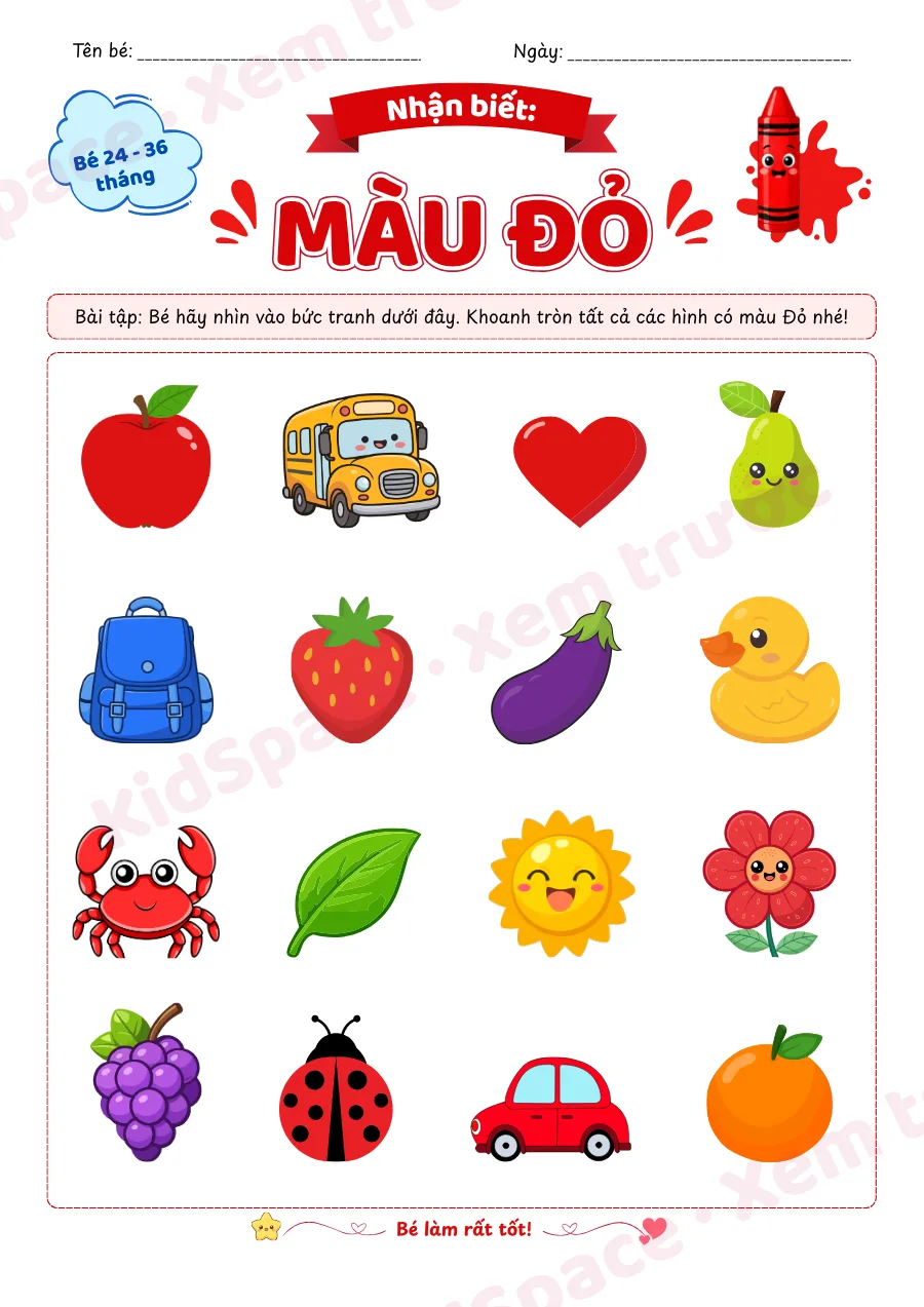 Xem trước trang 1: Nhận biết màu đỏ – Bài 2: Tìm đồ vật màu đỏ